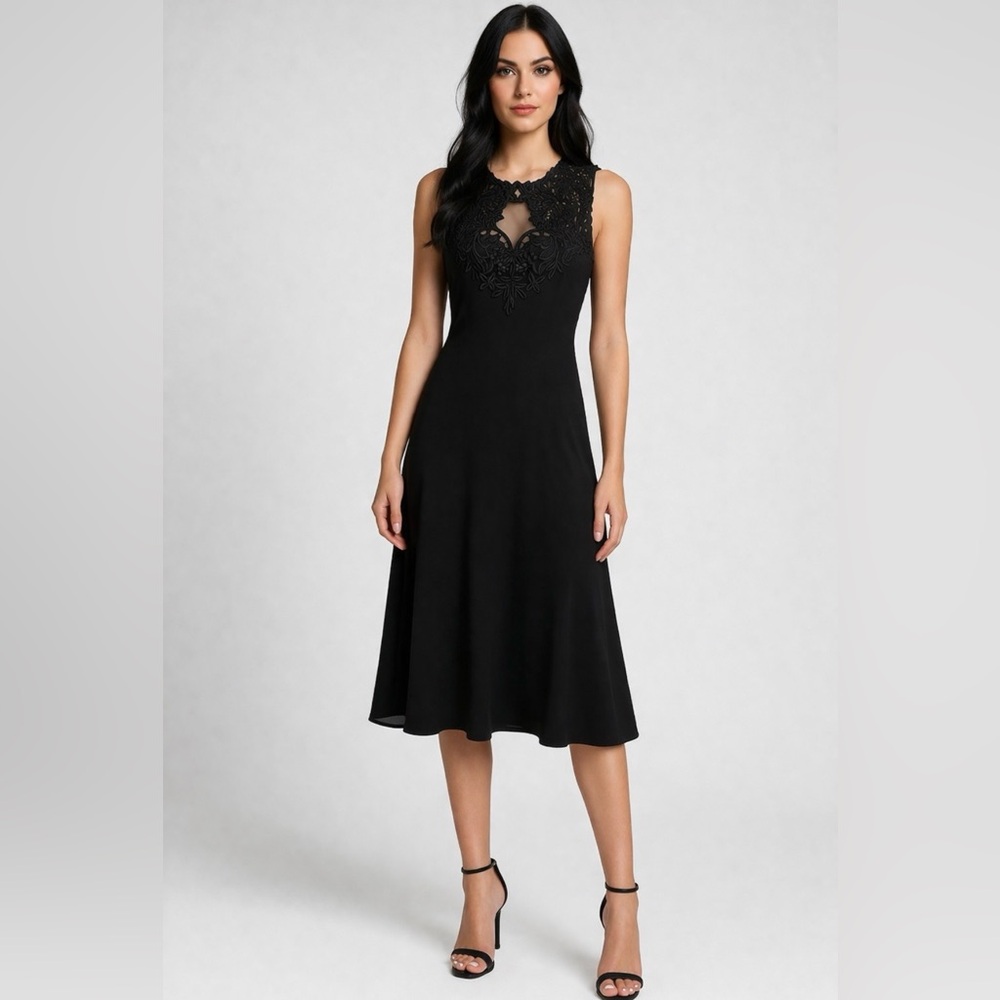 Scott McClintock Sleeveles Black & Lace Midi Cocktail Dress Size 4